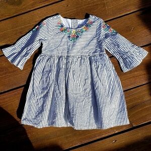 Baby Gap Dress Blue White Pinstripe Embroidered Floral Detail 18-24 M Infant EUC